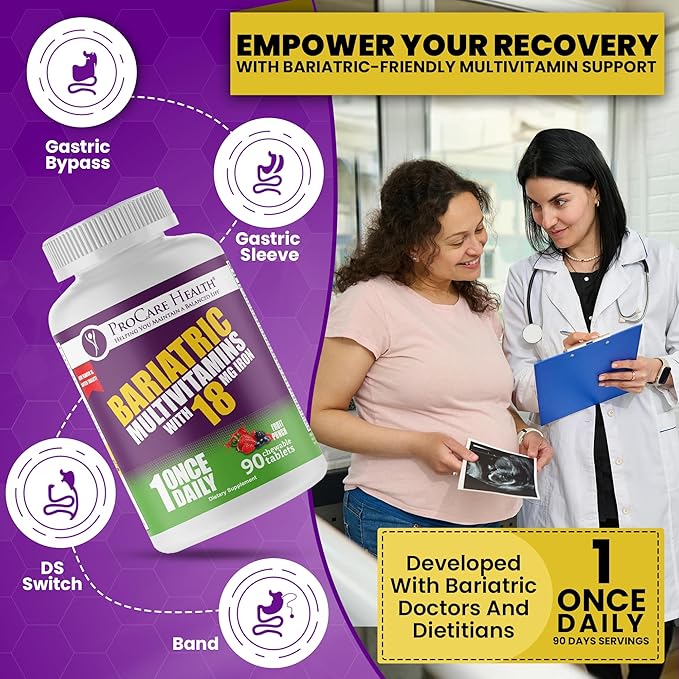 Procare Health Bariatric chewable Multivitamin with Iron 18mg (90 Tablets) - Fruit Punch Flavor Bariatric Multivitamin Chewable Pills for Gastric Bypass & Sleeve Gastrectomy Patients* (3 Month Supply)