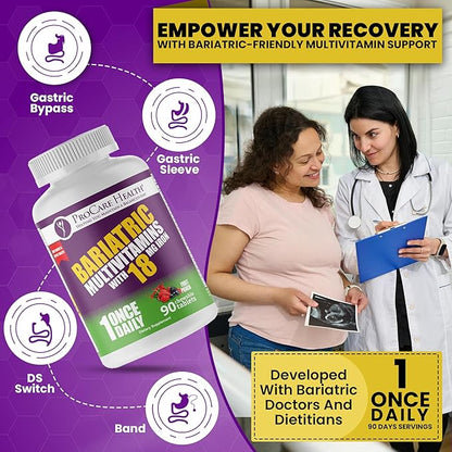 Procare Health Bariatric chewable Multivitamin with Iron 18mg (90 Tablets) - Fruit Punch Flavor Bariatric Multivitamin Chewable Pills for Gastric Bypass & Sleeve Gastrectomy Patients* (3 Month Supply)
