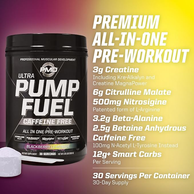 PMD Sports Ultra Pump Fuel Caffeine Free - Pre Workout Drink Mix - Energy, Strength, Endurance, Recovery Complex Carbohydrates and Amino Energy - BlackBerry Lemonade (30 Servings)