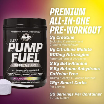 PMD Sports Ultra Pump Fuel Caffeine Free - Pre Workout Drink Mix - Energy, Strength, Endurance, Recovery Complex Carbohydrates and Amino Energy - BlackBerry Lemonade (30 Servings)