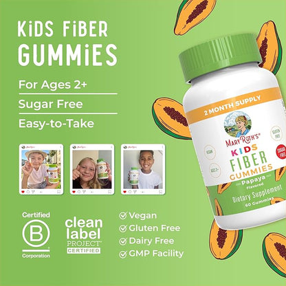 MaryRuth Organics Nutritional Supplement, 2 Month Supply, Sugar Free, Prebiotic, for Kids Ages 2+, Gut Health and Digestion Support, 3g Soluble Fiber Per Gummy, 60 Count