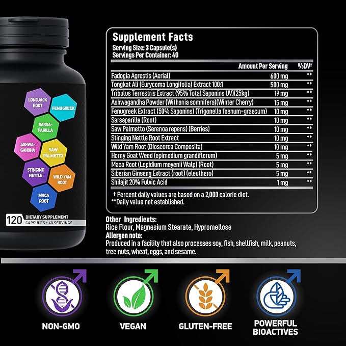 Fadogia Agrestis and Tongkat Ali Supplement - Fadogia Agrestis 600mg, Longjack Tongkat Ali for Men and Women 500mg, Saw Palmetto Ashwagandha Maca Fenugreek - Performance, Drive, Strength - 120 Caps