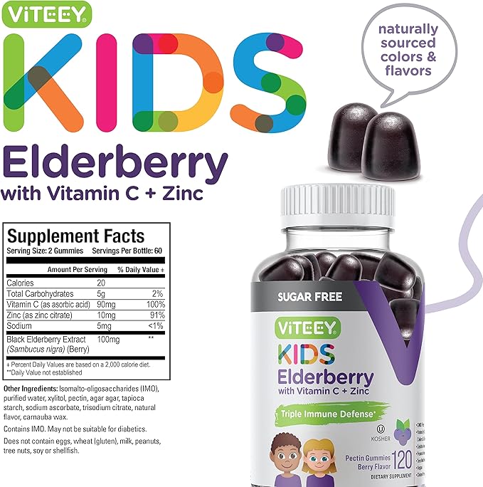 Sambucus Elderberry Gummies for Kids - Sugar Free - Immune Support Supplements with Vitamin C & Zinc, [3-1 Immune Booster] Vegan, Gelatin Free, Gluten Free - Tasty Chewable Berry Flavored Gummy
