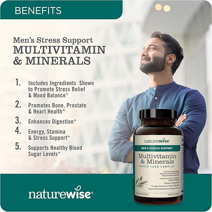 NatureWise Multivitamin for Men + Stress Support + Fulvic Ionic Minerals + Probiotics for Immunity, Male Health, Digestion + Whole Organic Foods - Vegetarian, Non-GMO - 60 Capsules[1-Month Supply]