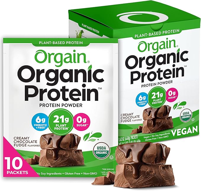 Orgain Organic Vegan Protein Powder, Creamy Chocolate Fudge - 21g Plant Protein, 6g Prebiotic Fiber, Low Carb, No Lactose Ingredients, No Added Sugar, Non-GMO, For Shakes & Smoothies, 10 Travel Packs