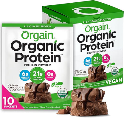 Orgain Organic Vegan Protein Powder, Creamy Chocolate Fudge - 21g Plant Protein, 6g Prebiotic Fiber, Low Carb, No Lactose Ingredients, No Added Sugar, Non-GMO, For Shakes & Smoothies, 10 Travel Packs