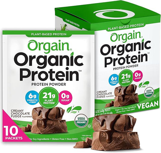 Orgain Organic Vegan Protein Powder, Creamy Chocolate Fudge - 21g Plant Protein, 6g Prebiotic Fiber, Low Carb, No Lactose Ingredients, No Added Sugar, Non-GMO, For Shakes & Smoothies, 10 Travel Packs