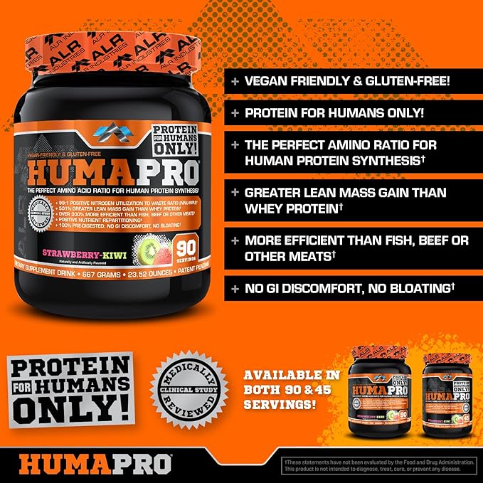Humapro | Amino Acids Protein Matrix for Humans | 99% Utilization for Lean Muscle | Vegan, Gluten Free | 667g / 90 Servings (Strawberry Kiwi)