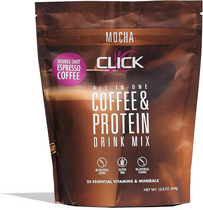 Click Coffee Protein, Protein & Real Coffee All-in-One, Meal Replacement Nutrition Drink, Mocha Flavor, 23 Essential Vitamins, Double Shot Espresso Coffee, Hot or Cold, 15.8-Ounce