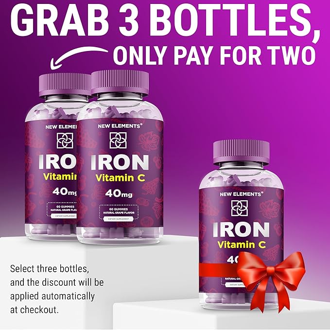 Iron Supplement for Women & Men with Vitamin C, Iron Gummies for Adults 40mg Iron and 100mg Vitamin C, Free Blood Builder for Anemia, Natural Grape Flavor, 30 Day Supply