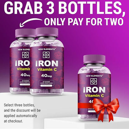 Iron Supplement for Women & Men with Vitamin C, Iron Gummies for Adults 40mg Iron and 100mg Vitamin C, Free Blood Builder for Anemia, Natural Grape Flavor, 30 Day Supply