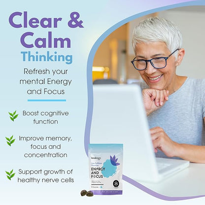 Energy and Focus Gummies - L-Theanine Caffeine, Lions Mane, Vitamin B12 - Low Sugar, Vegan Energy Chews + Brain Supplements for Memory and Focus - Blue Raspberry Flavor, 15 Servings