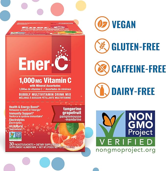 Ener-C Tangerine Grapefruit Multivitamin Drink Mix Powder Vitamin C 1000mg & Electrolytes - Real Fruit Juice Natural Energy & Immune Support for Women & Men - Non-GMO Vegan & Gluten Free - 30 Count