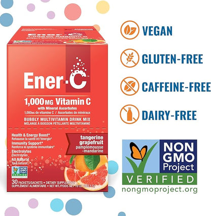 Ener-C Tangerine Grapefruit Multivitamin Drink Mix Powder Vitamin C 1000mg & Electrolytes - Real Fruit Juice Natural Energy & Immune Support for Women & Men - Non-GMO Vegan & Gluten Free - 30 Count