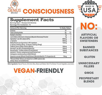 Genius Consciousness, Super Nootropic Brain Supplement Powder, Snow Cone - Focus, Cognitive Function, Concentration & Memory Booster - Alpha GPC & Lions Mane Mushroom for Neuro Energy