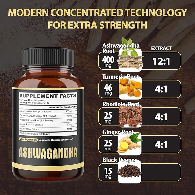 5in1 Premium Ashwagandha Capsules - Added Turmeric, Rhodiola Rosea, Ginger, Black Pepper - Strength, Spirit & Immune Support - 180 Caps for 6 Months
