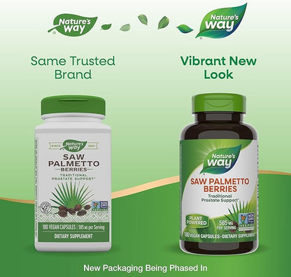 Nature's Way Saw Palmetto Berries, Traditional Prostate Support*, 585 mg per Serving, Non-GMO Project Verified, Vegan, 180 Capsules (Packaging May Vary)