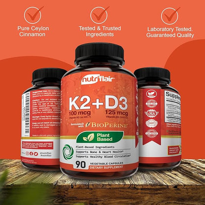 NutriFlair Vitamins D3 (5000iu/125mcg) + K2 (as Mk7) - Made with Plant-Based Ingredients Plus BioPerine Black Pepper Extract, 90 Capsules - Supports Healthy Immune, Heart and Health - Non-GMO Pills