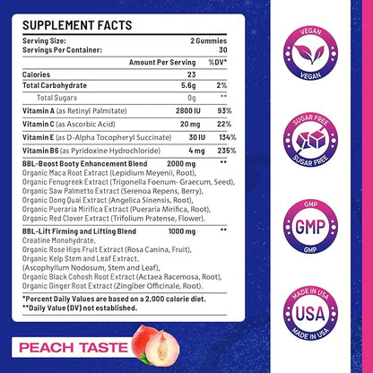 Booty Gummies for Butt Growth and HIPS - BBL Gummies for Bigger Butt - Bum Gummies with Multivitamins and Herbal Extracts for Natural Curves - Peach Flavor - 120 Gummies