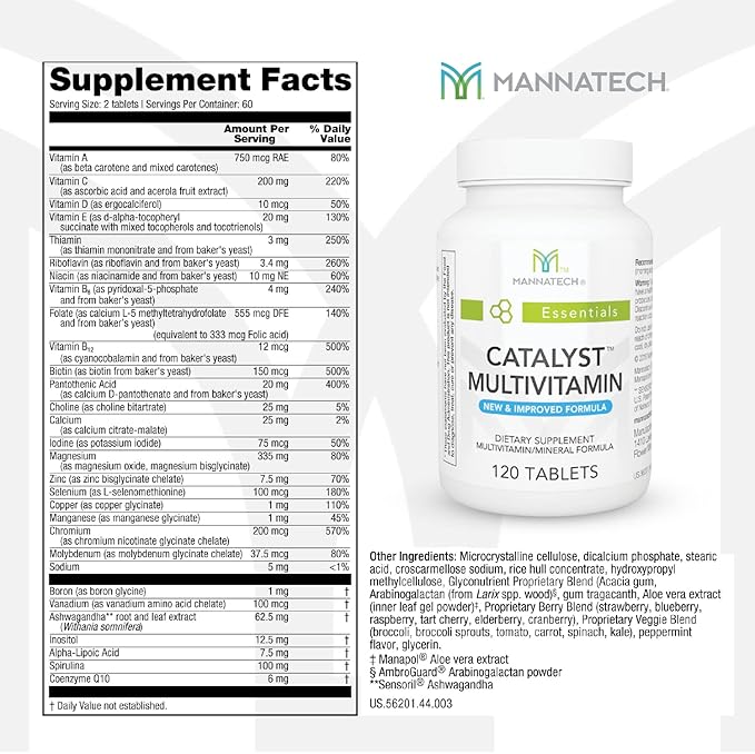 Mannatech Catalyst Multivitamin 120 Tablets, Maximize Your Multivitamin. Provides Antioxidants Vitamin A, Vitamin C, and Vitamin E, Now with Ashwagandha to Support You Physically and Emotionally
