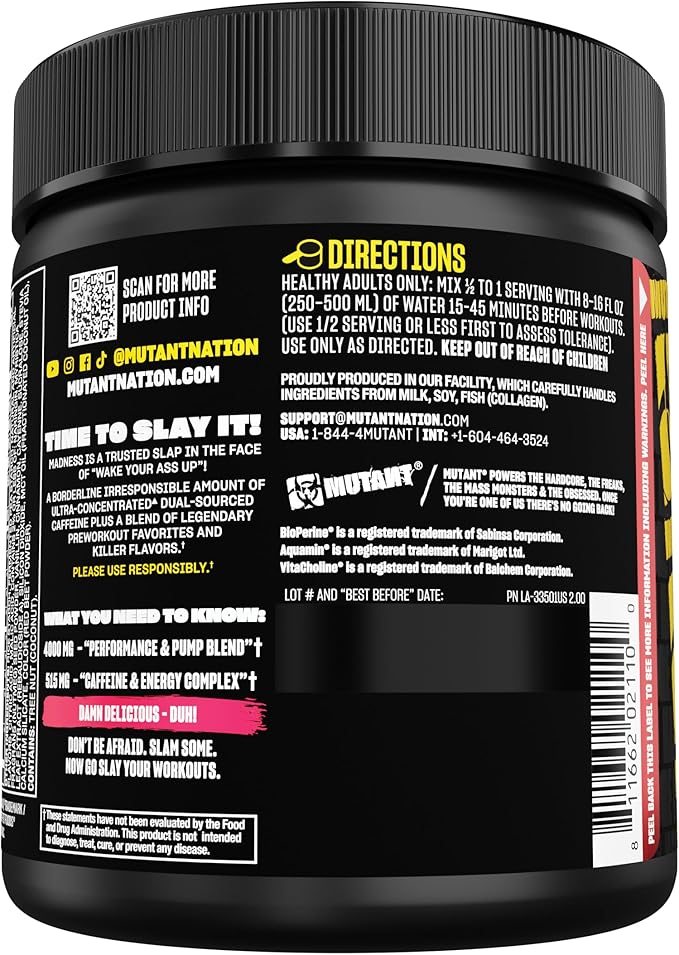 Mutant Madness | Pre Workout Powder Performance and Pump Blend Includes L-Citrulline, Beta-Alanine, Taurine, L-Tyrosine | 270G (9.52 OZ) 30 Serving | Fruit Punch