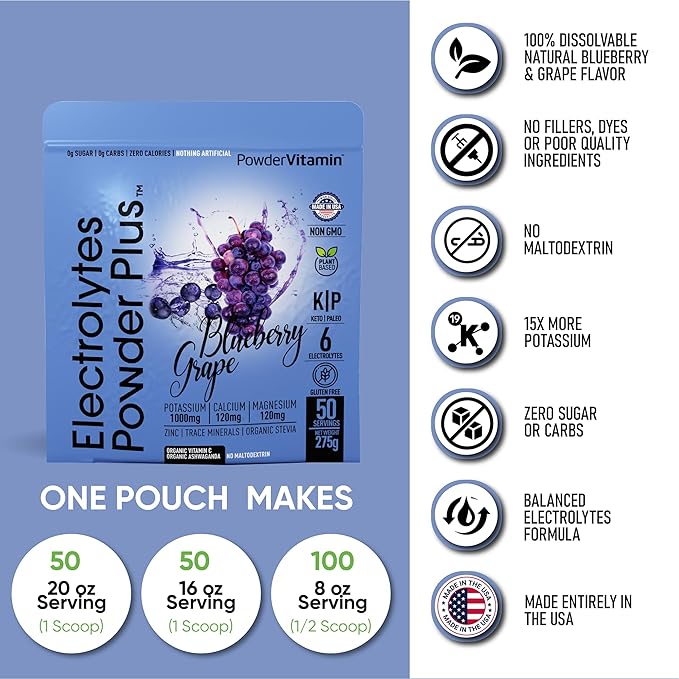 Electrolytes Powder Plus (50 Servings), 0 Calorie Keto, 0 Sugar, No Maltodextrin,1000mg Potassium,120mg Calcium,120mg Magnesium, Hydration Powder (50 Servings, Blueberry Grape)