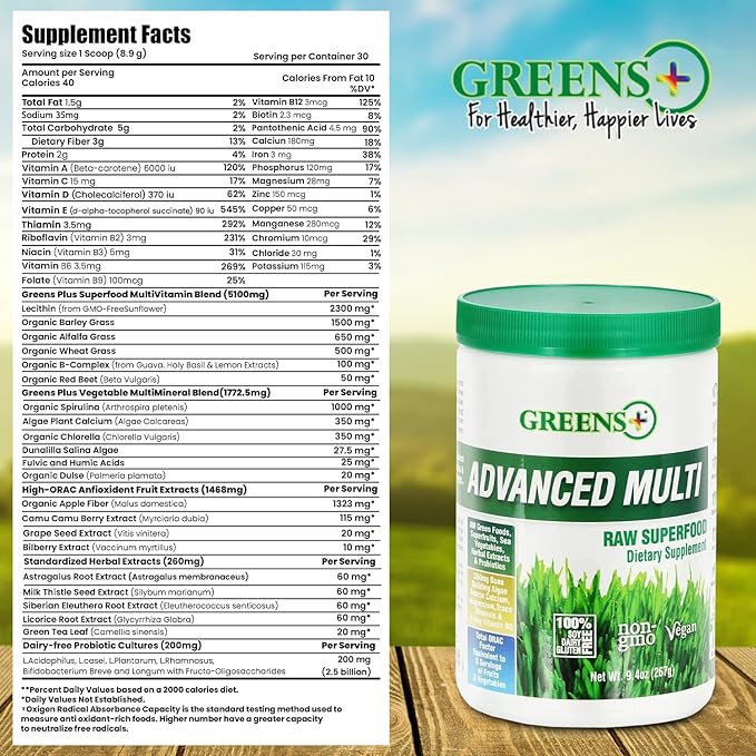 Greens+ Advanced Multi Raw Superfood | Essential Blend of Raw Foods, Superfruits and Sea Vegetables Powder | Vegan | Dietary Supplement | Non GMO, Soy Dairy & Gluten-Free | Size 9.4oz