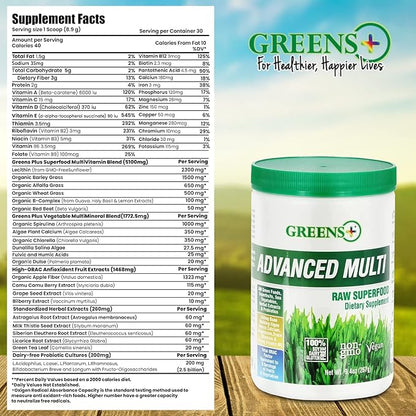 Greens+ Advanced Multi Raw Superfood | Essential Blend of Raw Foods, Superfruits and Sea Vegetables Powder | Vegan | Dietary Supplement | Non GMO, Soy Dairy & Gluten-Free | Size 9.4oz