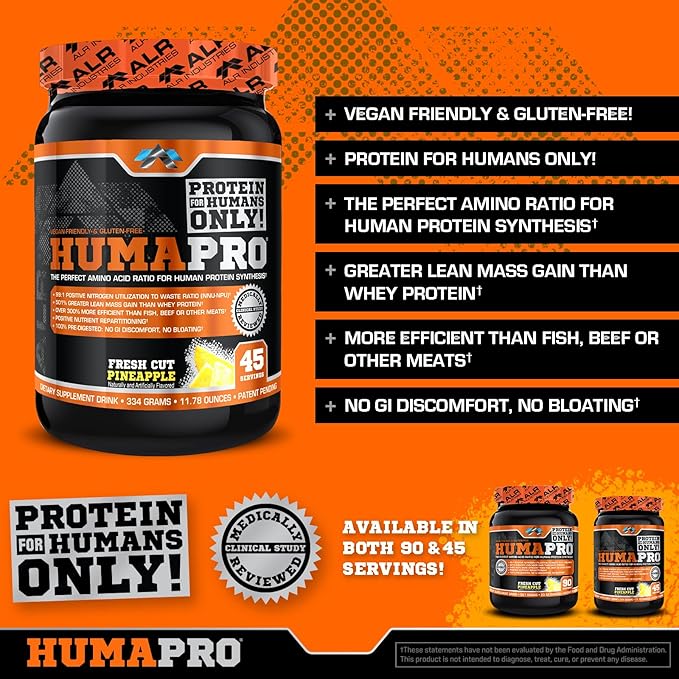 Humapro | Amino Acids Protein Matrix for Humans | 99% Utilization for Lean Muscle | Vegan, Gluten Free | 334g / 45 Servings (Fresh Cut Pineapple)