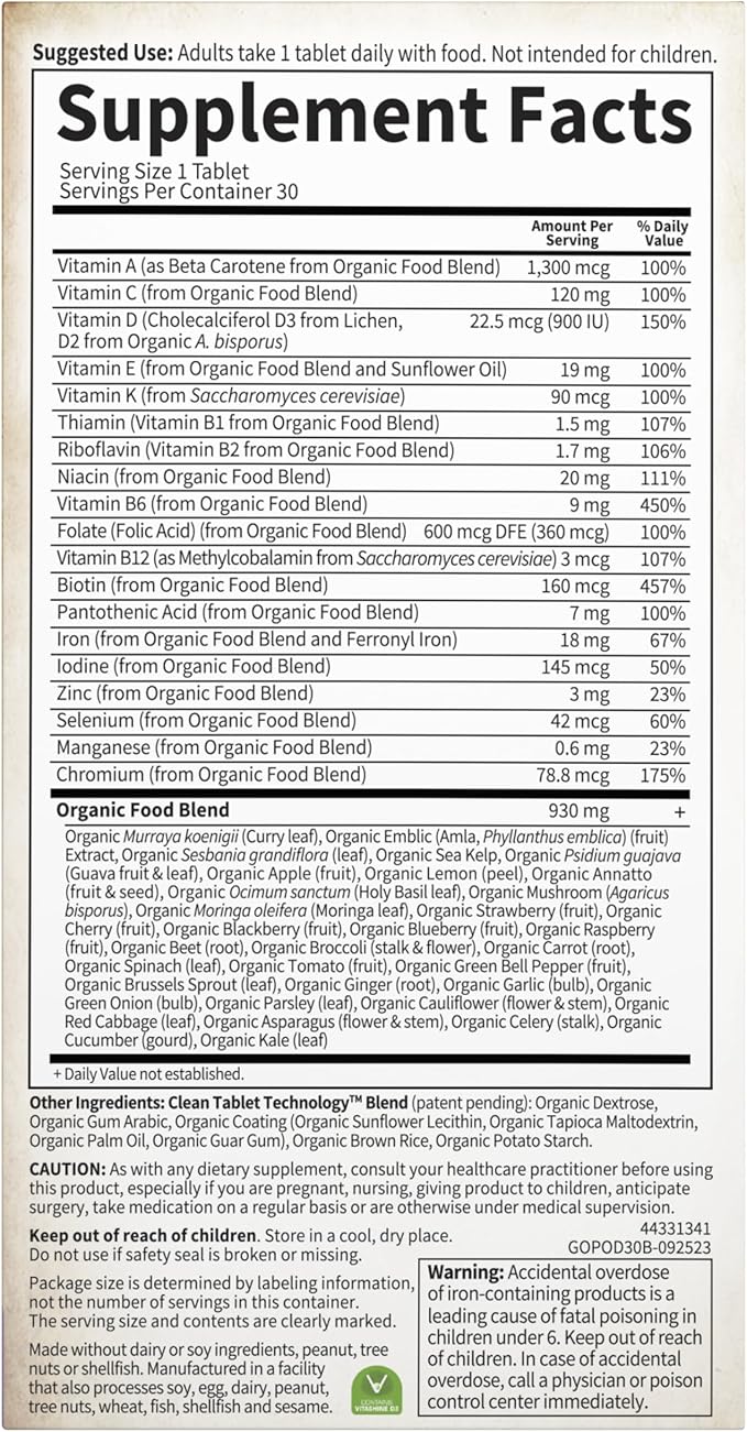 Garden of Life Organics Prenatal Vitamin: Folate for Energy & Healthy Fetal Development, Non-constipating Iron, Vitamin C, B6, B12, D3 – Organic, Non-GMO, Gluten-Free, Vegan, 30 Day Supply