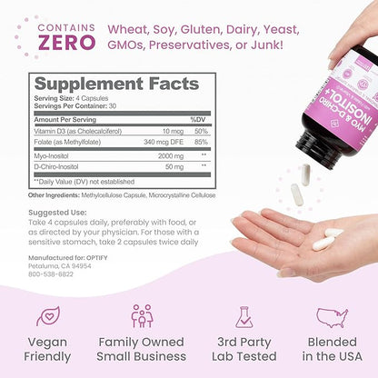 Premium Inositol Supplement - Myo-Inositol and D-Chiro Inositol Plus Folate and Vitamin D - Ideal 40:1 Ratio - Healthy Hormone Balance & Healthy Ovarian Support for Women - Vitamin B8-30 Day Supply
