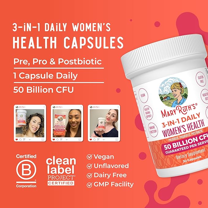 MaryRuth Organics 3-in-1 Daily Health Probiotics for Women | Clinically Tested | Hormone Support & Gut Health Supplement for Women | Supplement for Women | 50 Billion CFU | Allergen Free | 30 ct