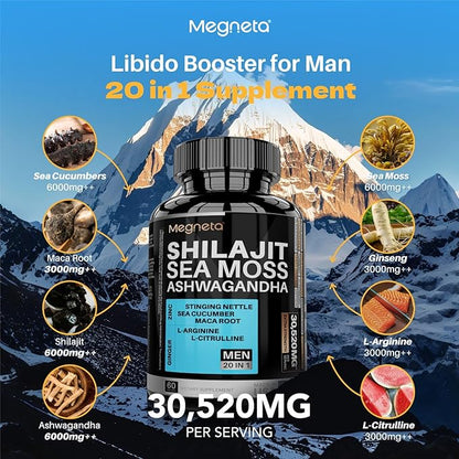 Shilajit 6,000mg for Men with Sea Moss 6,000mg Ashwagandha 3,000mg L-Arginine 3000MG, Boost Energy, 60 Capsules