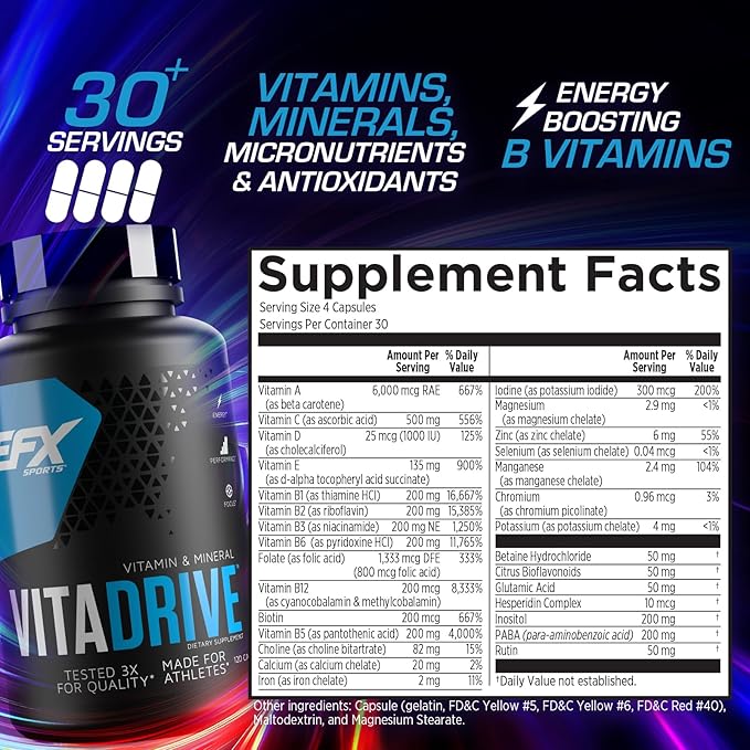 EFX Sports Vita Drive | Multivitamin Formulated for Athletes | Complex of Vitamins, Minerals, Micronutrients, & Antioxidants | 30 Servings, 120 Capsules