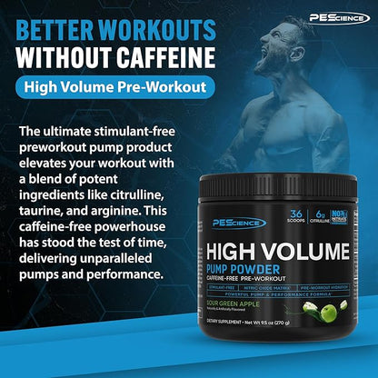 PEScience High Volume Nitric Oxide Booster Pre Workout Powder with L Arginine Nitrate, Green Apple, 36 Scoops, Caffeine Free
