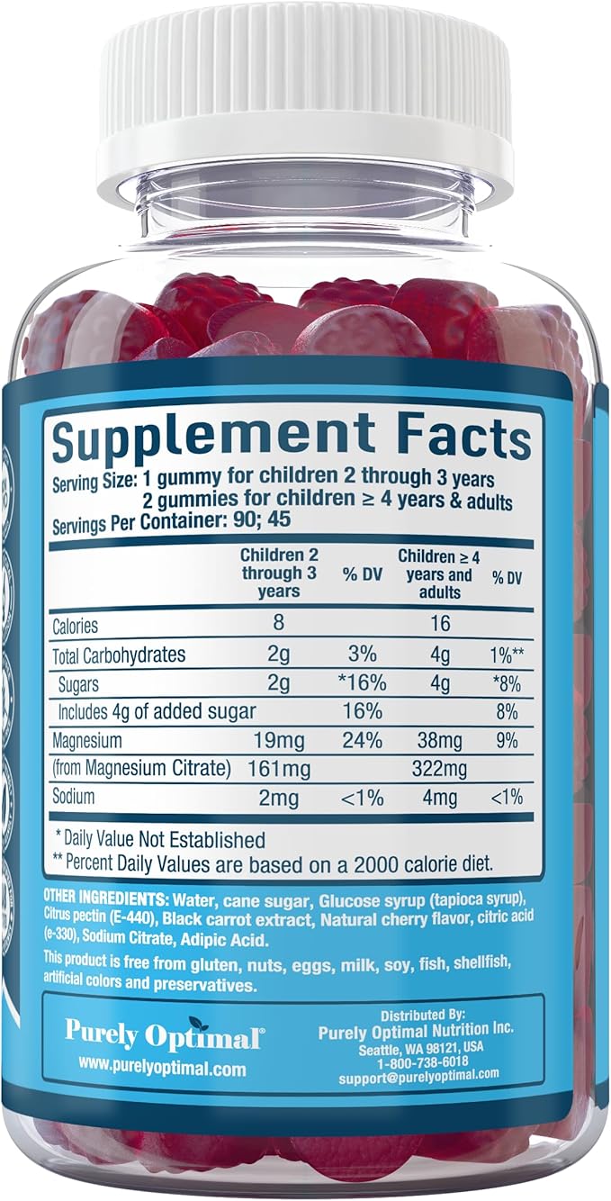 Purely Optimal Premium Magnesium Citrate Gummies for Adults & Kids - Supports Relaxation, Muscle & Nerve Function - Chewable, Non-GMO, Vegan, Gluten-Free - 90 Delicious Gummies