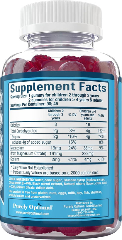 Purely Optimal Premium Magnesium Citrate Gummies for Adults & Kids - Supports Relaxation, Muscle & Nerve Function - Chewable, Non-GMO, Vegan, Gluten-Free - 90 Delicious Gummies