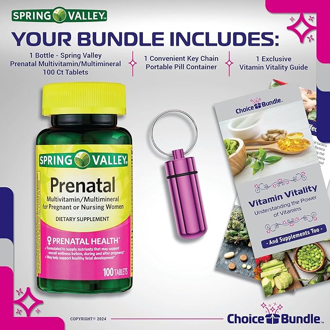 Spring Valley Prenatal Multivitamin Multimineral for Pregnant & Nursing Women Dietary Supplement Tablets 100 Ct Choice Bundle + Vitamin Guide & Pill Container (3 Items)!