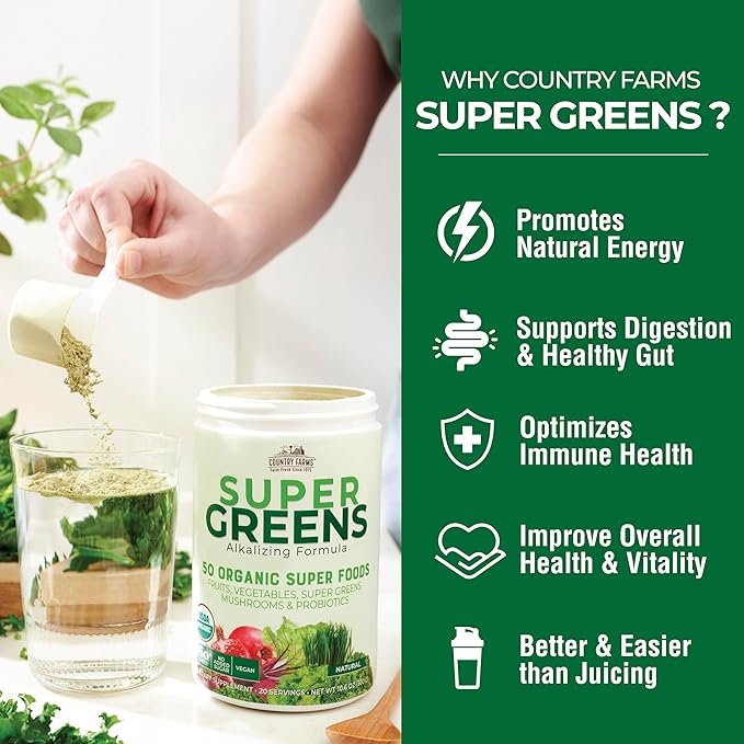 COUNTRY FARMS Super Greens Natural Flavor, 50 Organic Super Foods, USDA Organic Drink Mix, Fruits, Vegetables, Super Greens, Mushrooms & Probiotics, Supports Energy, 40 Servings, 10.6 Oz, 2 Pack