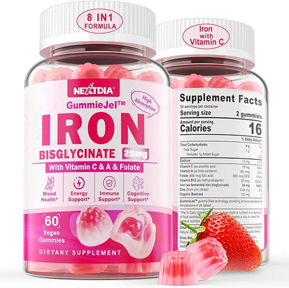 Iron Bisglycinate 26mg Filled Gummies - Gentle Beet Root Iron Gummy plus Vitamin C, Supplement Iron with B12 & Folate for Women & Men, Iron Deficiency, Immune & Energy Support, Sugar-Free, Vegan,60Cts