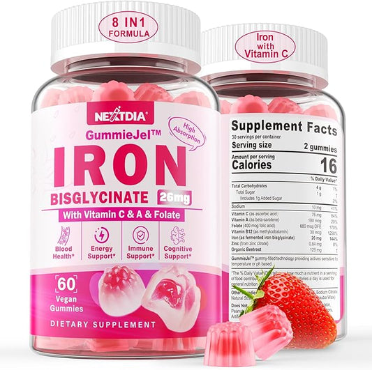 Iron Bisglycinate 26mg Filled Gummies - Gentle Beet Root Iron Gummy plus Vitamin C, Supplement Iron with B12 & Folate for Women & Men, Iron Deficiency, Immune & Energy Support, Sugar-Free, Vegan,60Cts