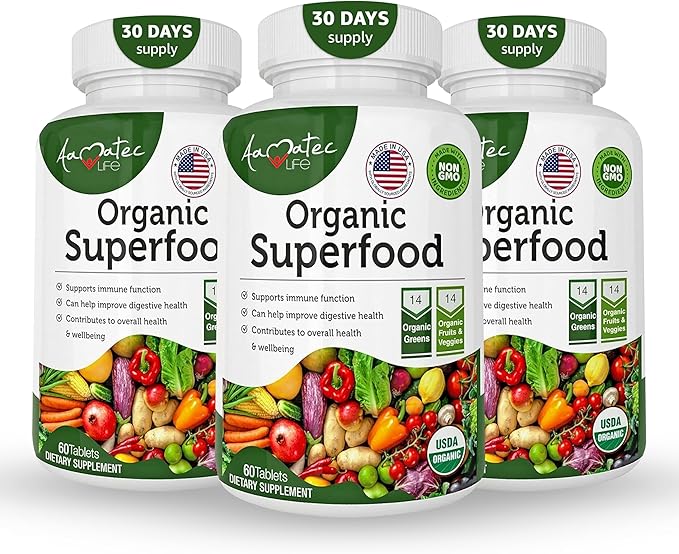 Organic Superfood Greens Fruits and Veggies Complex - Best Dietary Supplement with 14 Greens &14 Fruits & Vegetables with Alfalfa Rich in Antioxidants Organic Ingredients Non-GMO (180 Count Pack of 3)