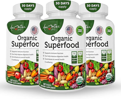 Organic Superfood Greens Fruits and Veggies Complex - Best Dietary Supplement with 14 Greens &14 Fruits & Vegetables with Alfalfa Rich in Antioxidants Organic Ingredients Non-GMO (180 Count Pack of 3)