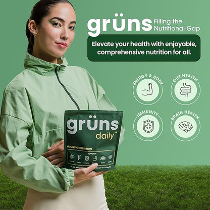 Gruns Adult Super Greens Gummies - Superfood Gummy Bears with Spirulina, Chlorella & Prebiotics for Digestive Health - Adaptogens Supplement with 20 Vitamins & Minerals, Low Sugar- 2-Week Supply