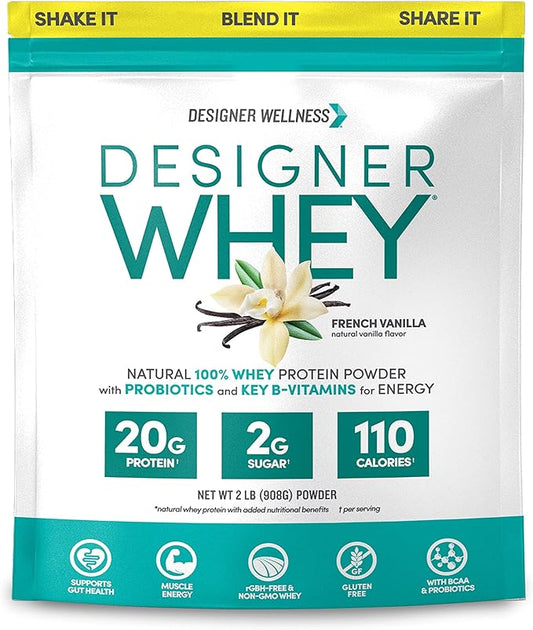 Designer Wellness, Designer Whey, Natural Whey Protein Powder with Probiotics, Fiber, and Key B-Vitamins for Energy, Gluten-Free, French Vanilla, 2 lb