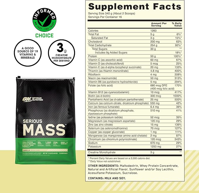 Optimum Nutrition Serious Mass Weight Gainer Protein Powder, Vitamin C and Zinc for Immune Support, Vanilla, 12 Pound (Packaging May Vary)