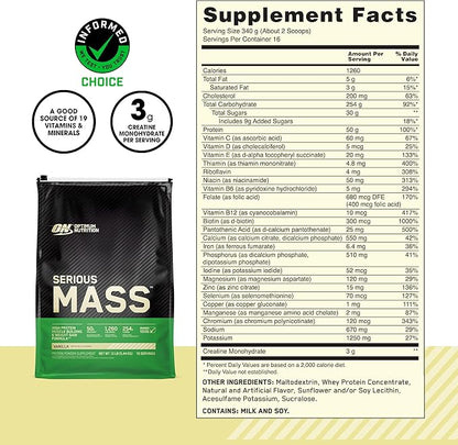 Optimum Nutrition Serious Mass Weight Gainer Protein Powder, Vitamin C and Zinc for Immune Support, Vanilla, 12 Pound (Packaging May Vary)