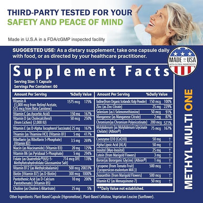 Power By Naturals Methyl Multi One - Vegan Methylated Multivitamin for Men & Women with Methylfolate & Methyl B12 for MTHFR Maintenance, 60 Capsules, 2 Month Supply, USA-Made, Gluten-Free