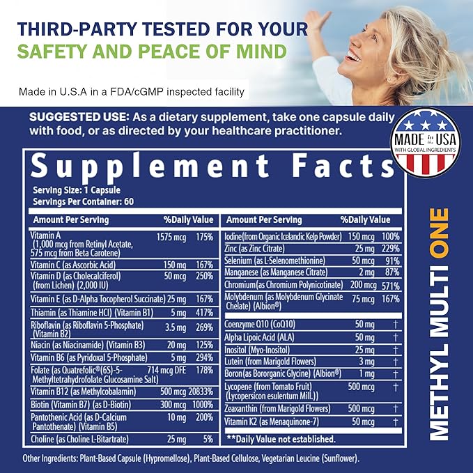 Power By Naturals Methyl Multi One - Vegan Methylated Multivitamin for Men & Women with Methylfolate & Methyl B12 for MTHFR Maintenance, 60 Capsules, 2 Month Supply, USA-Made, Gluten-Free