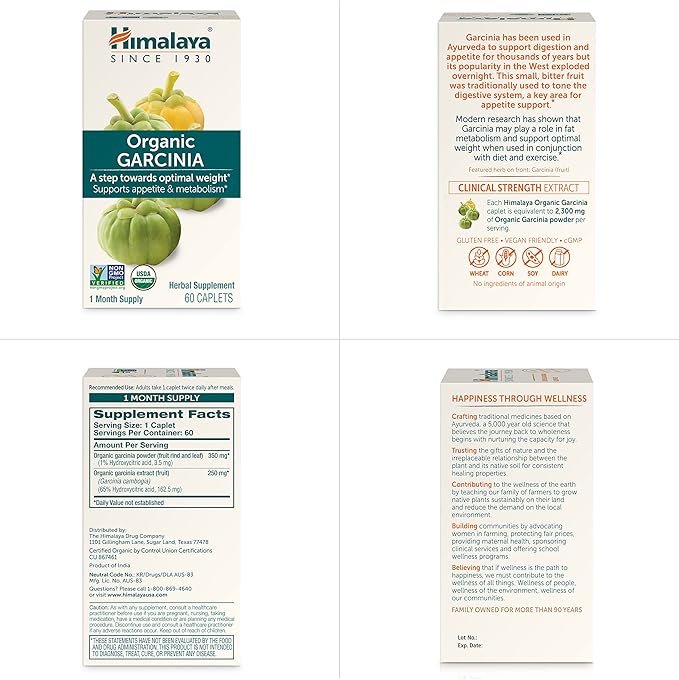 Himalaya Organic Garcinia Cambogia Herbal Supplement, Appetite Control, Lipid Metabolism, Weight Support, USDA Organic, Non-GMO, Vegan, 600 mg, 60 Plant-Based Caplets, 2 Pack